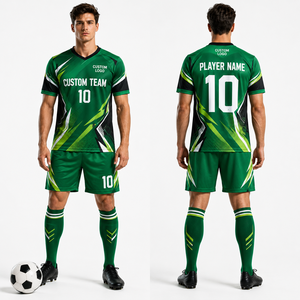 ชุดยูนิฟอร์มฟุตบอลขายส่ง เสื้อ กางเกง ถุงเท้า ชุดเซ็ต แบบซับลิเมชั่น ปัก พิมพ์ลาย โลโก้สั่งทำ ชื่อผู้เล่น เบอร์ผู้เล่น คอกลม แขนเสื้อแบบแร็กแลน - Product Image 2