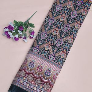 Tela de crepé ligera negra carbón con bordado floral de 54 pulgadas, diseño de borde Daman, para Kurti, Anarkali, Gown, Salwar - Product Image 1