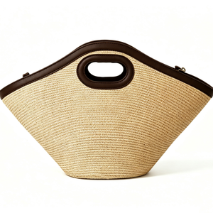 Sac fourre-tout personnalisé en paille naturelle avec poignée découpée, sac à main tissé avec garniture en similicuir contrastant, sac de shopping géométrique en paille large - Product Image 3