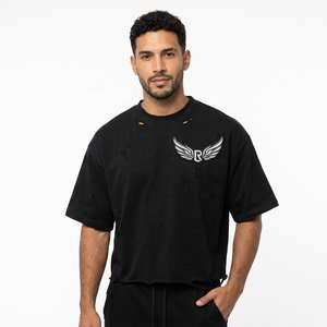 T-shirt court noir oversize avec logo R ailé imprimé sur le devant, manches courtes, col rond, style streetwear pour homme, jersey en coton - Product Image 5