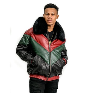 Wholesale Custom Winter <b>Men</b> Genuine Leather V-Bomber Jacket Thick <b>Warm</b> Breathable Patchwork Down Puffer <b>Coat</b> with Big Fur Collar - Product Image 1