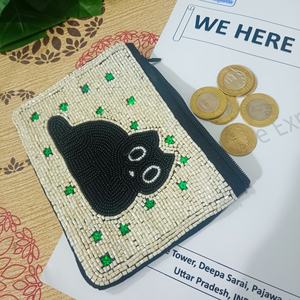 Handmade <b>Stitched</b> Beaded Cat Coin Pouch Storage Bag Single Compartment Black Beads White Eyes Artisan <b>Charm</b> Durable American - Product Image 1