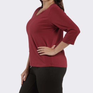 Camiseta de Mujer Color Borgoña, Cuello Redondo, Manga Tres Cuartos, Corte Regular, Color Sólido, Informal, Tejida, 100% Algodón, Transpirable - Product Image 3