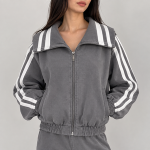 Crescent Wear Trending Womens Grey <b>Track</b> <b>Jacket</b> White Stripes Pant Oversized Fit 100% Cotton Winter High Street Fashion - Product Image 2