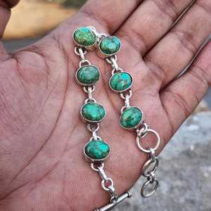 Green Copper Turquoise 925 Sterling Silver Chain Bracelet Handmade Gemstone Jewelry Gift - Product Image 6