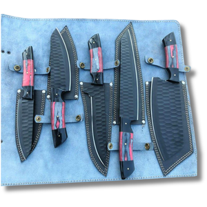 Juego de 5 Cuchillos de Chef Hechos a Mano de Acero de Damasco con Recubrimiento Negro, Ambidiestros y Ecológicos, con Funda de Cuero para Acampar al Aire Libre, Venta al Por Mayor - Product Image 1