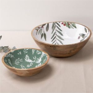 Tazón para Ensalada Hecho a Mano de Madera de Mango con Incrustaciones de Esmalte Floral - Tazón de Madera Natural para Servir Frutas, Decoración del Hogar y Vajilla de Cocina - Product Image 2