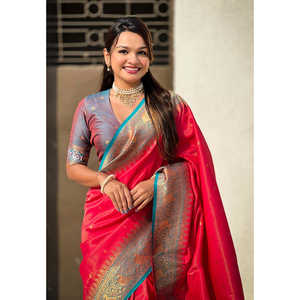 ผ้าซาเร่เนื้อแพทอลาทอจากไหมแท้สีชมพูบริสุทธิ์ ยี่ห้ออีลิท วีฟส์ พร้อมลายทอแบบตัดกัน น้ำหนัก 0.65 กรัม เหมาะสำหรับชุดราตรี - Product Image 4