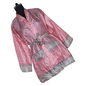 KS013 Kimono Sari Bohemio de Verano, Vestido Corto Envolvente, Túnica de Seda con Mangas, Kimono Sari Vintage para Mujer - Product Image 2