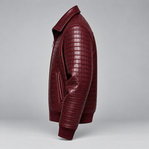 Chaqueta de Invierno Mego Industry para Hombre, con Cuello Alto, Estampado Animal, Cuero PU Grabado Color Borgoña, Estilo Urbano, Ecológica, Hecha a Mano, con Cierre de Cremallera de Lujo - Product Image 4