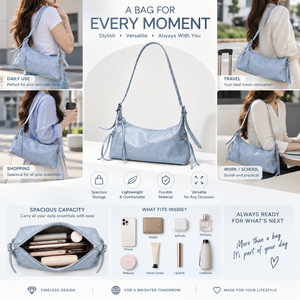 Sac à bandoulière bleu clair en similicuir PU, sac à main sous le bras grande capacité, souple, tendance, simple, brodé, pour le quotidien - Product Image 4