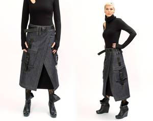 Collection GRACE : Jupe midi en jean pour femme avec poches et ceinture, design asymétrique, haut à manches longues noir écologique, respirant et à séchage rapide - Product Image 2