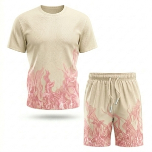 Men's <b>Flame</b> Print Sporty T-<b>Shirt</b> And Shorts Set Crew Neck Quick Dry Polyester Spandex Knitted Summer Workout Wear - Product Image 4