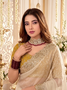 AARA Fashion Cream Silk Saree with <b>Gold</b> Embroidery and Yellow <b>Blouse</b> for Wedding Women Traditional Floor Length India Pakistan - Product Image 6
