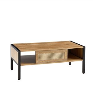 Tavolino da Salotto Moderno da 102 cm con Ante Scorrevoli, Design in Rattan e Gambe in Metallo, Stile Naturale - Product Image 5