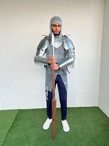 Armadura de Caballero de Acero Plateado, Pechera Completa con Protectores de Brazos, Capucha de Malla, Estilo Medieval Gótico, Disfraz de Cosplay - Product Image 3