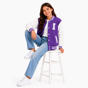 B.B INDUSTRY Teal White Letter B Embroidery Denim Varsity Jacket Preppy Style Turn-down Collar <b>Covered</b> <b>Button</b> Closure Regular - Product Image 2