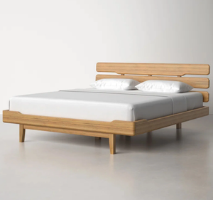 Cadre de lit plateforme moderne en teck massif avec tête de lit à lattes horizontales doubles, pieds effilés, style minimaliste contemporain pour chambre à coucher - Product Image 3