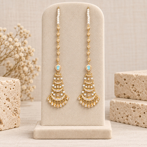 Pendientes de cadena larga chapados en oro con piedra azul aguamarina y perlas de imitación, joyería nupcial pakistaní, venta al por mayor de fábrica. - Product Image 1
