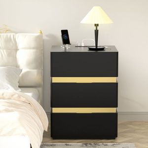 Black 3-Drawer Side Cabinet <b>Bedside</b> <b>Table</b> Nightstand RGB <b>LED</b> with Charging Station and USB Ports for Bedroom Sets - Product Image 1