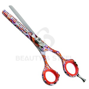 Luxury Artistic Professional Salon Straight Blending Scissors Stainless Steel Vintage Floral Handle Vibrant Red Sparkle Finish - Product Image 2