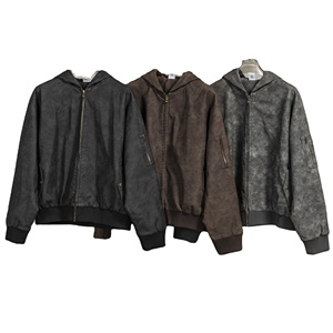Men's Hooded <b>Bomber</b> <b>Jacket</b> PU Leather Solid Color Zipper Closure Casual Autumn Wear Regular Fit <b>Suede</b> Material - Product Image 1
