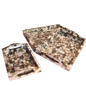 Handmade Mother Of Pearl Round Serving Tray With Inset <b>Handles</b> Luxury White Tile <b>Mop</b> Inlay Decorative Wooden Ottoman Tray - Product Image 6