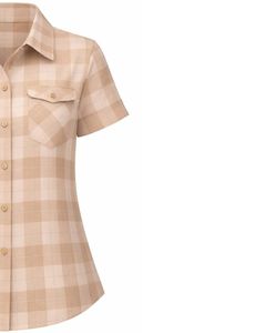 Custom Beige And Plaid Womens Short Sleeve Button Up Shirt Casual Summer Lightweight Breathable <b>Checkered</b> <b>Top</b> With Pocket - Product Image 3