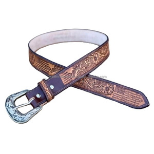Western Leather Belt for Men 1.5" Wide Full Grain One Piece Western Leather <b>Tooling</b> Belt with <b>Engraved</b> Buckle Set - Product Image 6