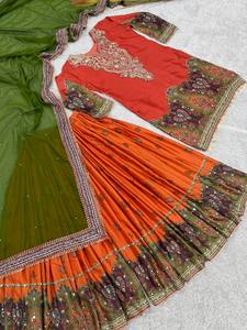 Premium Pure Chinon <b>Silk</b> <b>Kurta</b> Palazzo Set with Digital Print, Real Mirror Hand Work, Embroidery Sequins and Faux Georgette - Product Image 5