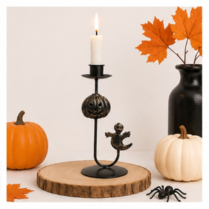Porte-bougie d'Halloween en fer, motif citrouille et silhouette de fantôme, style vintage noir mat, centre de table pour maison hantée - Product Image 4