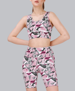 Ensemble de yoga et fitness extensible quadridirectionnel pour femme, comprenant un soutien-gorge de sport sans rembourrage à imprimé abstrait sexy et un short froncé aux fesses, tenue de sport active - Product Image 1