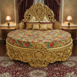 Cama Queen Size de Madera de Teca Tallada de Lujo, Diseño Italiano con Acabado Dorado, Cama Doble de Madera India con Detalles en Oro Real - Product Image 2