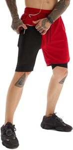 Custom Logo Men's Double <b>Layer</b> <b>Mid</b> Waist Drawstring Closure Pockets Breathable Spandex/Cotton Sports Athletic Workout Shorts - Product Image 2