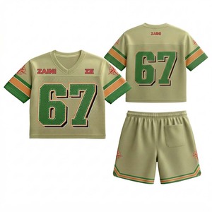 ชุดเสื้อและกางเกงขาสั้นผู้ชาย ผ้าโพลีเอสเตอร์ตาข่ายพรีเมียม 150 GSM ระบายอากาศได้ดี สีเขียวเบจ ลายแถบ แต่งโลโก้ปักแบบทวิลล์ สำหรับทีม  ทรงพอดีตัว - Product Image 1