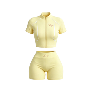 Custom Logo 2 Piece Women's Activewear Zipper Cropped Sports Jacket and High Waist Shorts Fitness 2 Piece <b>Set</b> - Product Image 5