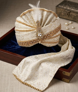 Turbante de Seda Color Marfil para Novio, Diseño de Alta Costura, Pre-Atado, con Plumas Kalgi y Brocado con Cuentas Doradas, Pagri, Tocado Real, Venta al Por Mayor - Product Image 1