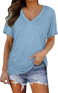 Camisetas de Manga Corta para Mujer, Lisas, Tejidas, Sólidas, Cuello en V, Holgadas, Deportivas, 100% Algodón, Alta Calidad - Product Image 3