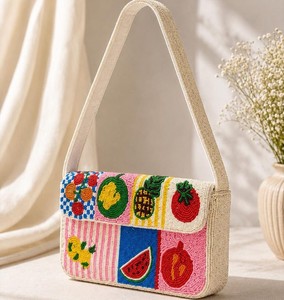 Bolso Bandolera Artesanal Bordado con Diseño Textil de Frutas, Arte Indio Exótico, Moda Femenina, Bolsos con Cuentas - Product Image 1