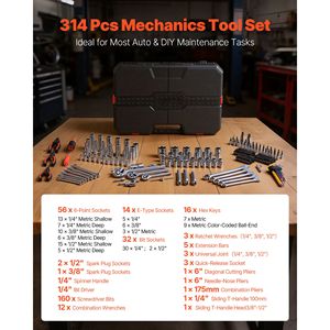 Juego de Herramientas para Reparación de Automóviles de 314 Piezas, Juego de Llaves de Tubo Métricas de 1/4, 3/8 y 1/2 Pulgadas, Destornilladores, Puntas, Kit de Herramientas para Mecánicos - Product Image 3