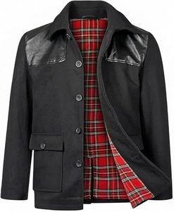 Blouson bomber en PU noir pour homme avec doublure à carreaux rouges, col rabattu, vêtement décontracté pour l'automne - Product Image 3