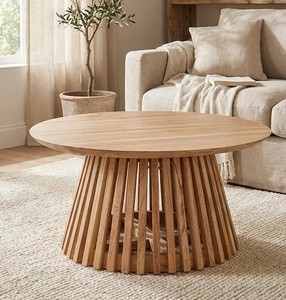 Table basse ronde moderne en bois massif à lattes, quatre places, pour salon, ferme, hôtel, intérieur de maison - Product Image 3