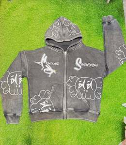 Men's 100% Cotton Fleece Winter Printed Acid Washed Rhinestones Hoodie Breathable Quick Dry <b>Waterproof</b> Zipper-Up Boxy Fit Low - Product Image 6