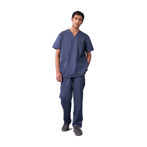 Men's Blue & Black Scrub Set Cotton Woven Hospital Uniform V-Neck <b>Top</b> With Pockets And Cargo Pants Needle Detection - Product Image 6