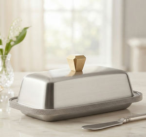 Beurrier en métal avec couvercle, finition argent poli, bouton doré, design minimaliste, forme rectangulaire, vaisselle et assiettes - Product Image 1