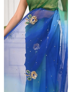 Sari floral KV émeraude et saphir avec chemisier non cousu - Product Image 6