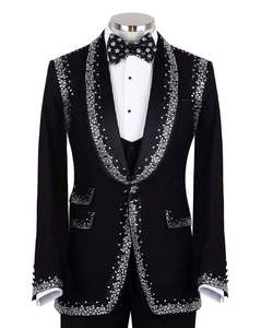 Chaqueta de esmoquin negra para hombre con cristales – Blazer de diseñador con solapa tipo chal y pedrería para bodas y fiestas - Product Image 1