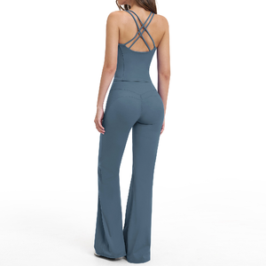 Women's <b>White</b> <b>2</b> <b>Piece</b> Yoga Set High Waist Seamless Leggings With Ruched Butt Scrunch And Cut Out Back Top Short Sleeve - Product Image 5