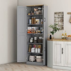 Distressed White 4-Door Freestanding <b>Kitchen</b> <b>Pantry</b> Cabinet Adjustable Particle Board Shelves and Doors - Product Image 2