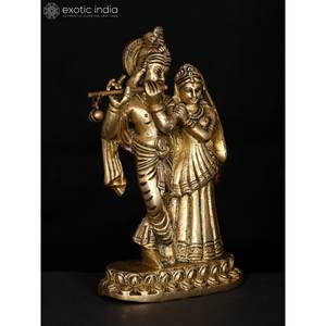 Escultura de latón de 5 pulgadas hecha a mano de Radha Krishna, figura pequeña elegante de pie para decoración del hogar, uso de templo de regalo hecho en La India - Product Image 4